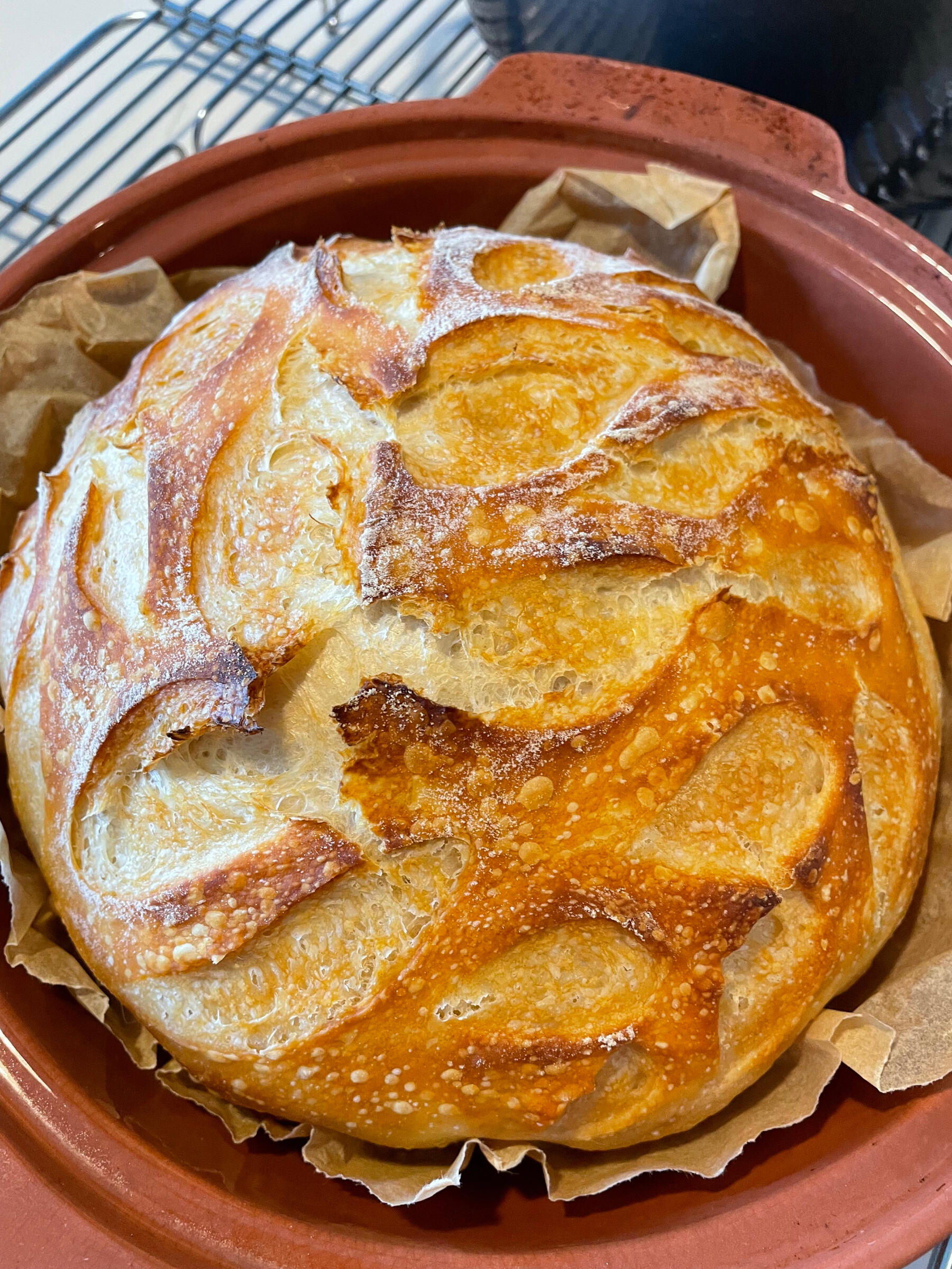 A browned sourdough loaf fresh from the oven, sitting on top of parchment paper inside a dutch oven.